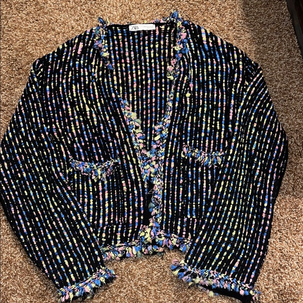 Zara Black and Blue Blazer with Tweed Texture